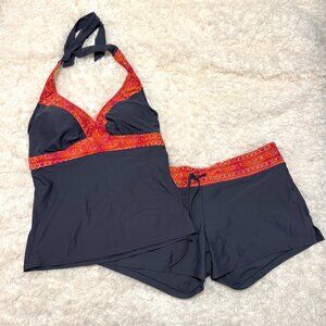 ATHLETA 2 PC Ventana Halter Tankini Top w/ Swim Shorts 36D/DD L/Large